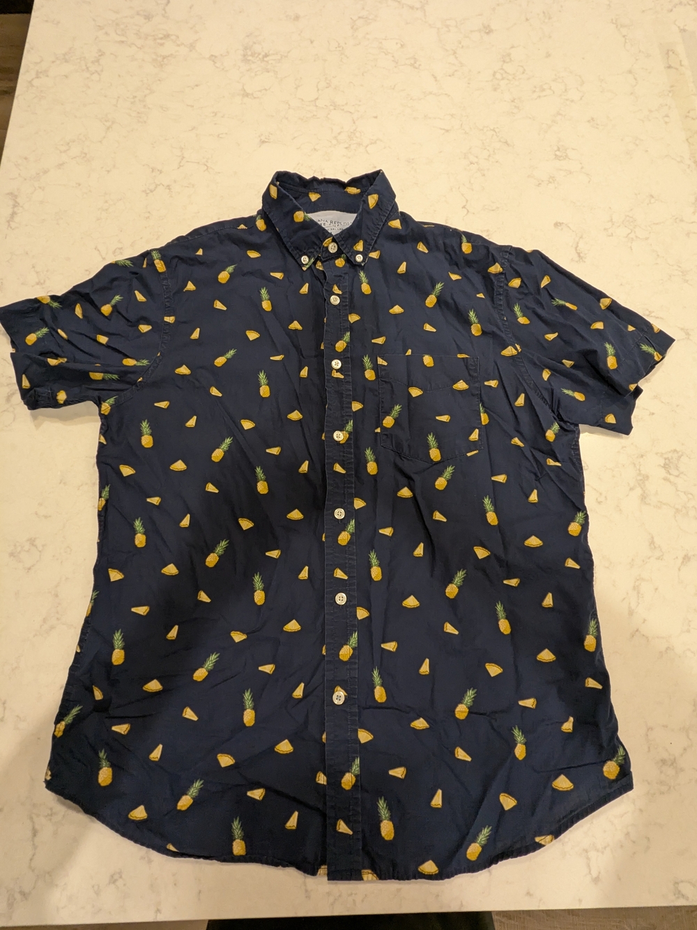 Banana Republic Luxe Poplin Pineapple Print Slim Fit Shirt Navy & Yellow Large